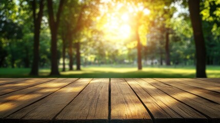 Fototapeta premium Wooden Table in a Sunny Summer Park: Perfect for Relaxation and Outdoor Activities