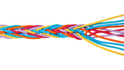 Colorful ropes tied together isolated on white, top view. Unity concept