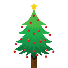 Simple Illustration of a Christmas Tree Decorated with Red Balls Ornaments and a Star on Top. Flat Design, Vector.