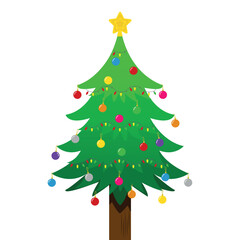 Illustration of a Christmas Tree Decorated with Colorful Ornaments, Lights, Balls and a Star on Top. Flat Design, Vector.