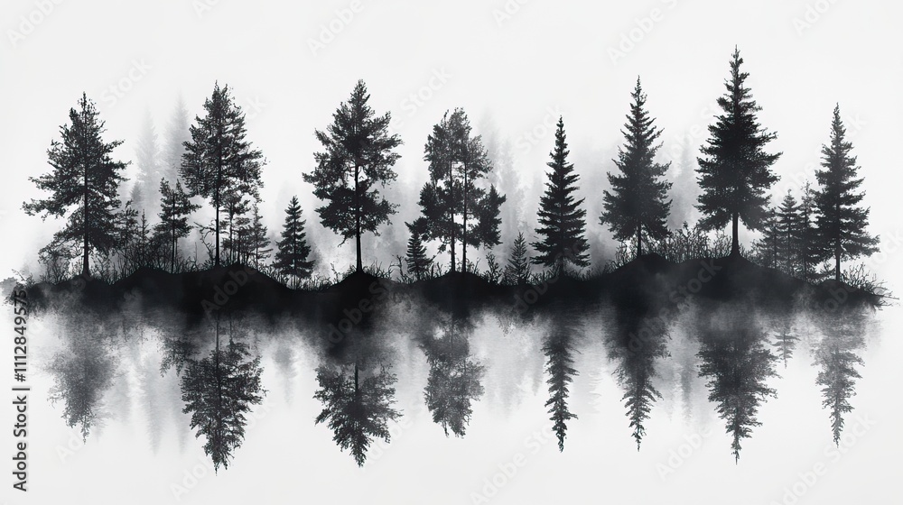 Aufkleber viewed from a distance a horizontal stand of black and white pen and ink and graphic novel style tre