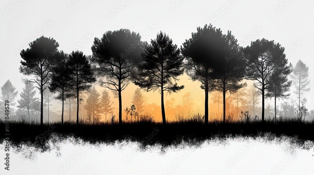 Aufkleber viewed from a distance a horizontal stand of black and white pen and ink and graphic novel style tre