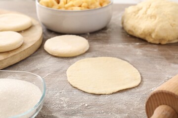 Making pirozhki (stuffed pastry pies). Pieces of dough on wooden table, closeup