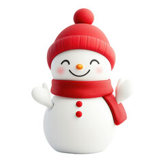 Fototapeta premium 3D snowman icon, white background, red scarf and hat, happy face, isolated on a transparent white background