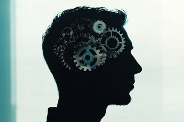 image features male silhouette with gears inside head, symbolizing creativity and thought processes. This visual representation evokes sense of innovation and intellectual exploration