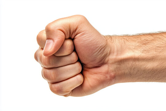 close up of male hand making fist, showcasing strength and determination. hand is well defined with visible veins and skin texture, set against white background