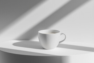 Minimalist white cup on smooth surface with soft shadows, creating serene atmosphere. design emphasizes simplicity and elegance, perfect for modern decor