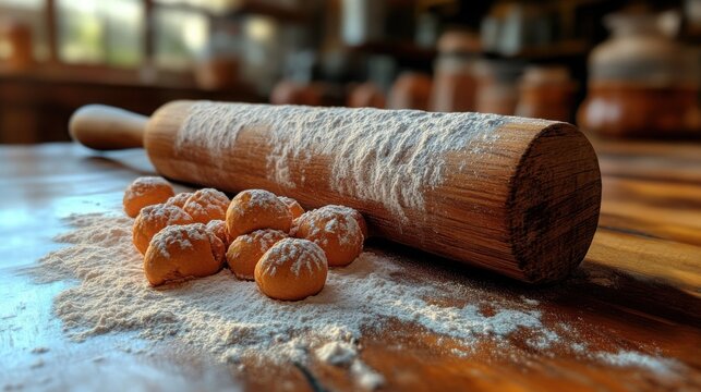 Rustic Wooden Rolling Pin with Flour Dust for Baking Images, Perfect for Cookbook or Bakery Website