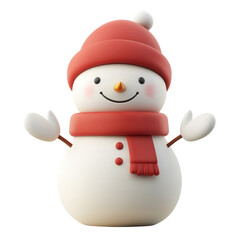 3D snowman icon, white background, red scarf and hat, happy face, isolated on a transparent white background