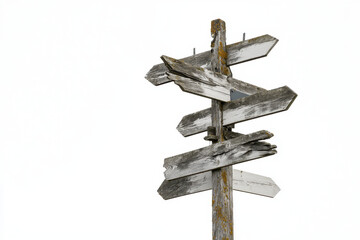 Rustic wooden signpost with multiple directional arrows, weathered and aged, set against light background. This signpost evokes sense of adventure and exploration