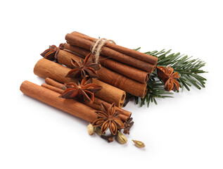 Different aromatic spices isolated on white. Christmas season