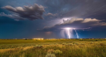 Majestic night storm with vivid lightning fields