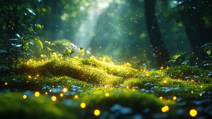 Fototapeta premium Enchanting forest with glowing fireflies illuminating lush greenery