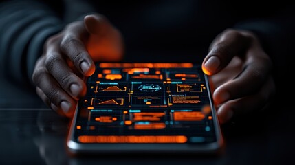 Hands interacting with futuristic digital tablet interface displaying glowing orange and blue data visualizations.