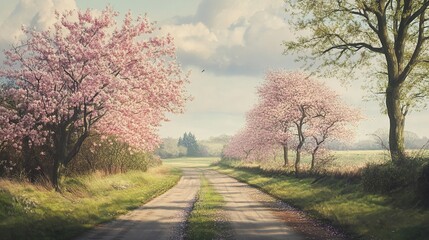 Obraz premium Picturesque countryside road lined with blossoming cherry trees