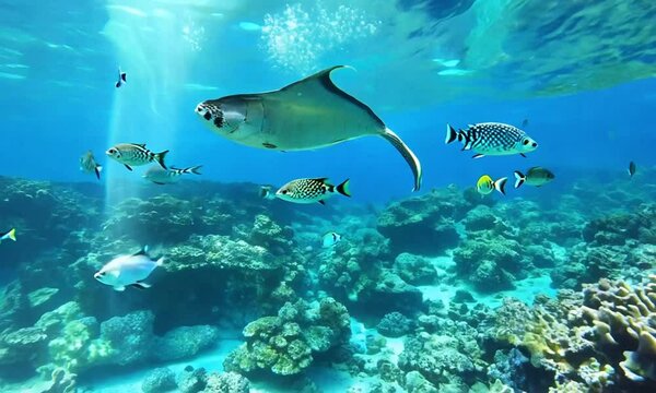 Stunning underwater footage showcasing vibrant marine life in a pristine coral reef. The camera smoothly glides through crystal-clear blue waters, capturing a variety of colorful fish swimming