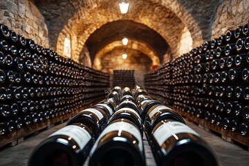 Aged wine bottles in historic underground cellar with rustic stone archways and soft lighting