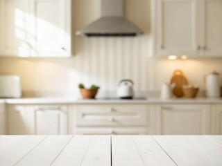 Fototapeta premium Empty white wooden tabletop on blurred background of cozy white kitchen.
