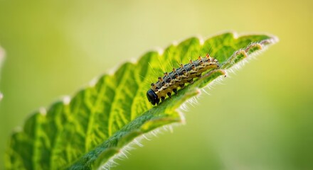 Vibrant caterpillar perched on lush green leaf in natural habitat