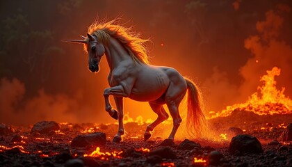 Majestic Unicorn in Fiery Landscape Surrounded by Erupting Lava