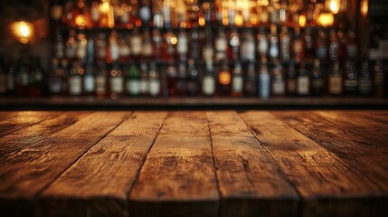 Rustic wooden bar counter with blurred bottle background
