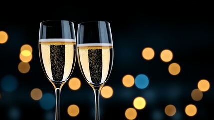 Two Glasses of Champagne with Golden Bokeh Lights