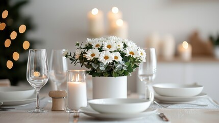White daisies in a ceramic vase on an elegant dining table with glassware and candles. Studio table setting with blurred festive background