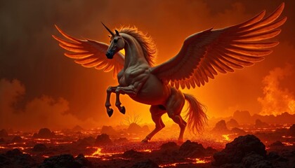 Majestic Winged Unicorn in Fiery Lava Landscape at Sunset