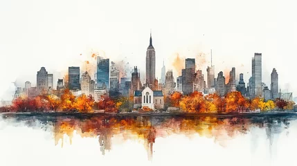 Tableau sur plexiglas Aquarelle gratte-ciel watercolor painting of a little church in new york cityscape skyline  © Thoa