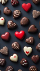 Fototapeta premium Assorted heart shaped chocolates arranged on a dark surface for a special occasion