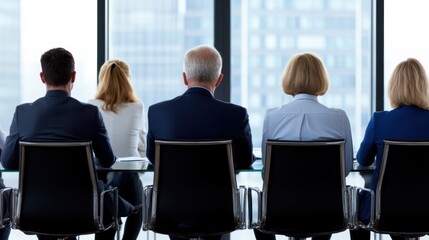 Back view of four business professionals sitting at a table in a modern office. Corporate meeting and teamwork concept