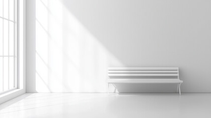Fototapeta premium bright, empty gallery space featuring white bench and large window. sunlight casts soft shadows, creating serene atmosphere perfect for relaxation or contemplation