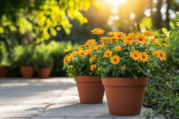 Bright yellow daisies bloom in terracotta pots, creating cheerful garden scene. warm sunlight enhances vibrant colors, inviting sense of tranquility and joy