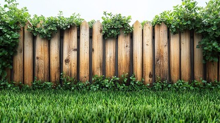 Fototapeta premium white background with an isolated green grass and wooden fence design banner