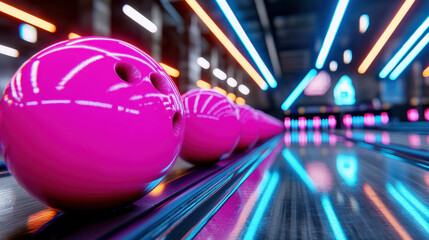 row of vibrant pink bowling balls captured mid roll on shiny lane, illuminated by colorful neon lights, creating lively and energetic atmosphere