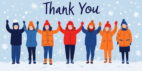 Obraz premium Friends stand together in warm winter clothing, joyfully raising their hands in celebration of Thank You Day, surrounded by gentle snowfall