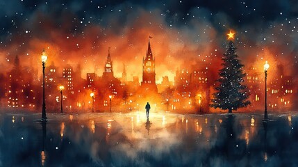 Fototapeta premium winter cityscape with christmas tree and angel silhouette watercolor illustration
