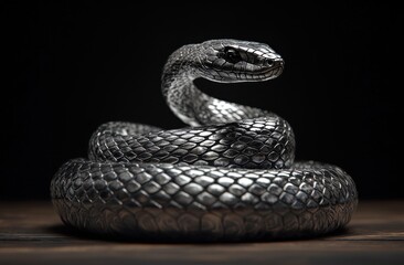 Fototapeta premium A mesmerizing metallic serpent, coiled and poised. Intricate scales gleam under dramatic lighting. A captivating study in form and texture.
