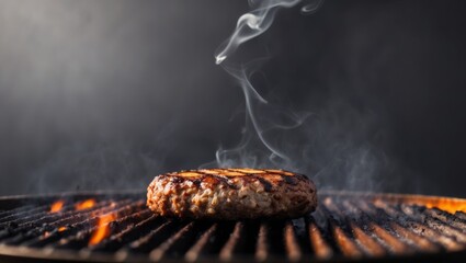 Grilled Hamburger Patty on Charcoal Grill.