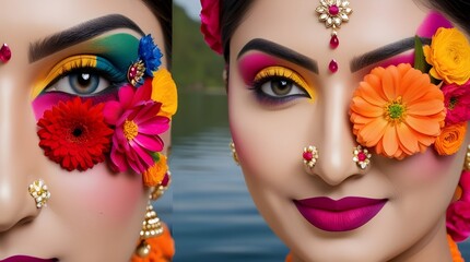 Fototapeta premium Beautiful small flowers eye makeup looks unique 