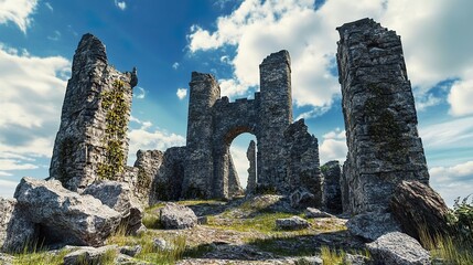 Historic ruins of an ancient castle set against a blue sky