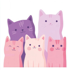 Fototapeta premium Cute illustration of five colorful cats with soft shapes and friendly expressions. Perfect for cat lovers and children decor