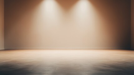 Empty beige wall with spotlight reflections on wooden floor.