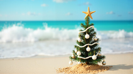 Decorated Christmas tree on a tropical beach with turquoise water