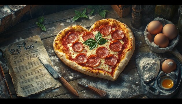 Heart shaped pizza preparation with fresh ingredients and rustic kitchen tools