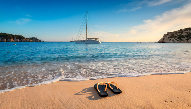 Golden sand stretches before crystal-clear waters in Saint Tropez, where a pair of flip flops invites relaxation