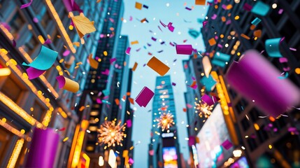 Colorful confetti falling between skyscrapers in a vibrant cityscape, celebrating a festive occasion with urban excitement
