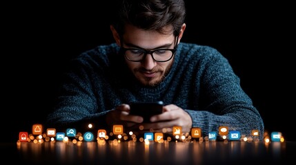 Young man using a smartphone with glowing social media icons and bokeh lights on a dark background