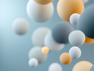 Floating spheres in shades of blue, white, and orange on a soft gradient background. Abstract geometric concept