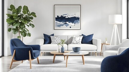 Sophisticated Living Room with Gray Sofa, Navy Armchairs, and Abstract Artwork (Interior Design)